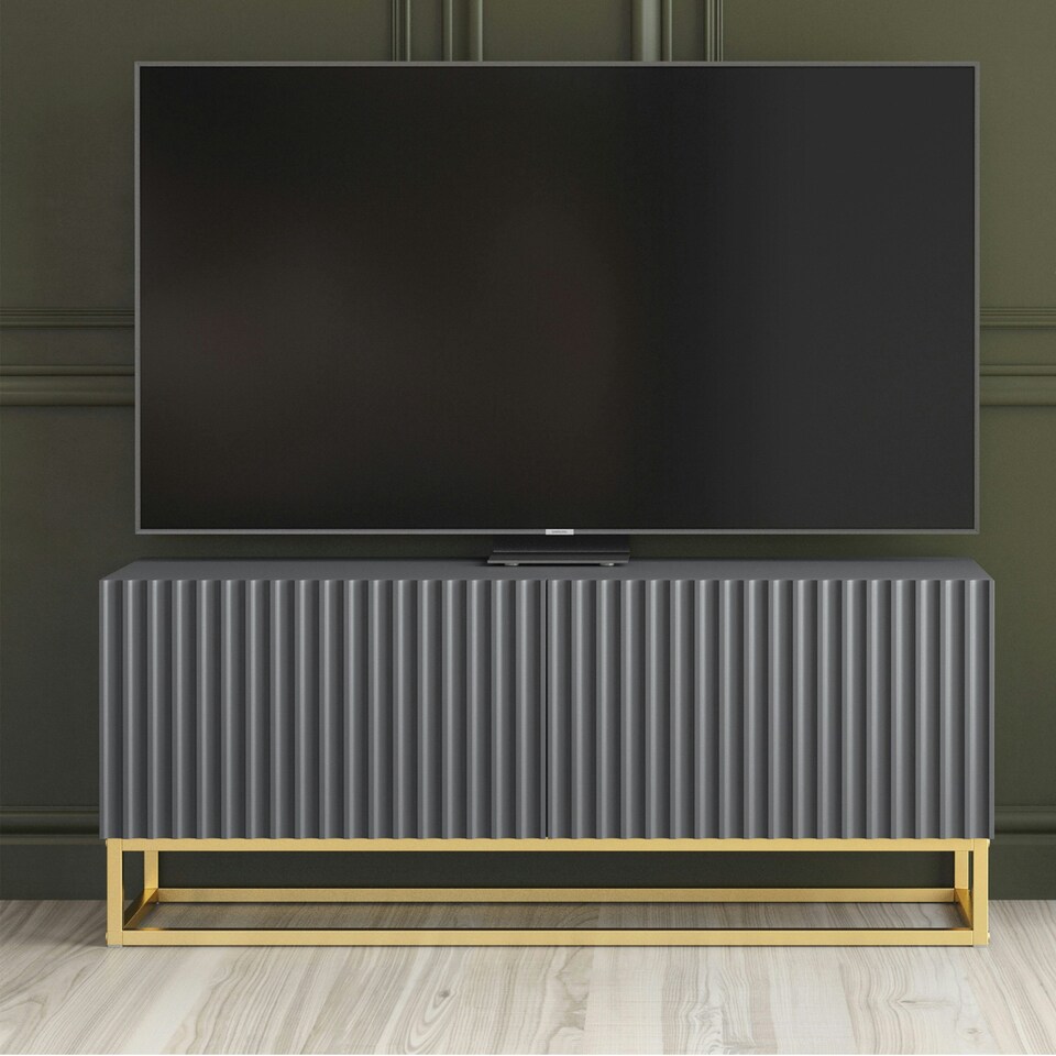 image 1 of TV Unit 100cm Grey Matt Fluted Fronts with Gold Metal Base Grey