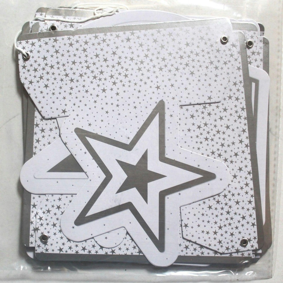 image 1 of Christmas All Occasion Decorative Banner & Bbunting Party Celebrate and Stars Design White Silver