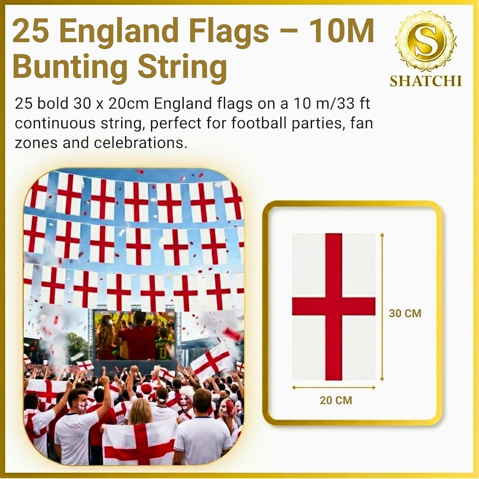 image 1 of 10m/33ft England St George Flag Bunting for FIFA 2026 World Cup – 25 St George Cross PVC Flags 20 x 30cm Double Sided