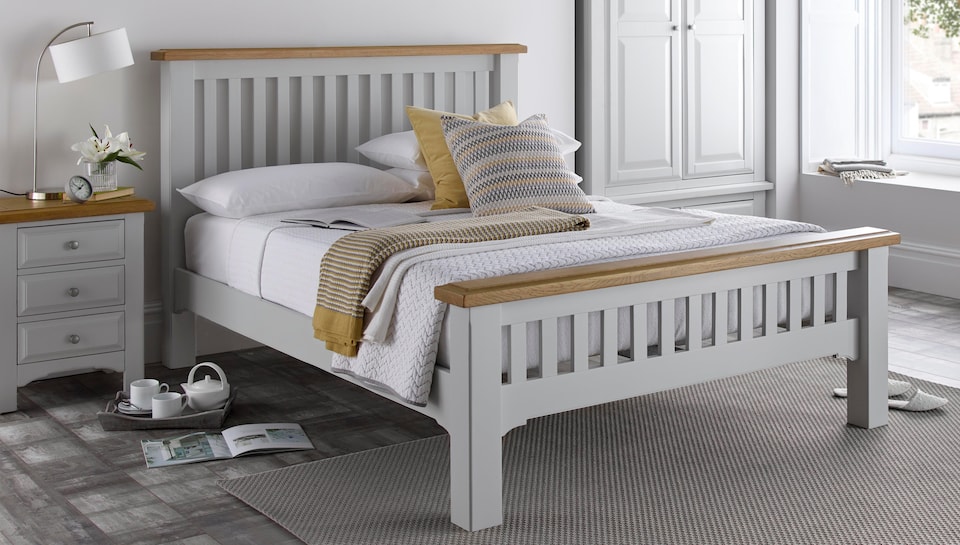 image 1 of 4ft6 Double Real oak & Light Grey Solid,strong,wood bed frame.Wooden bedstead