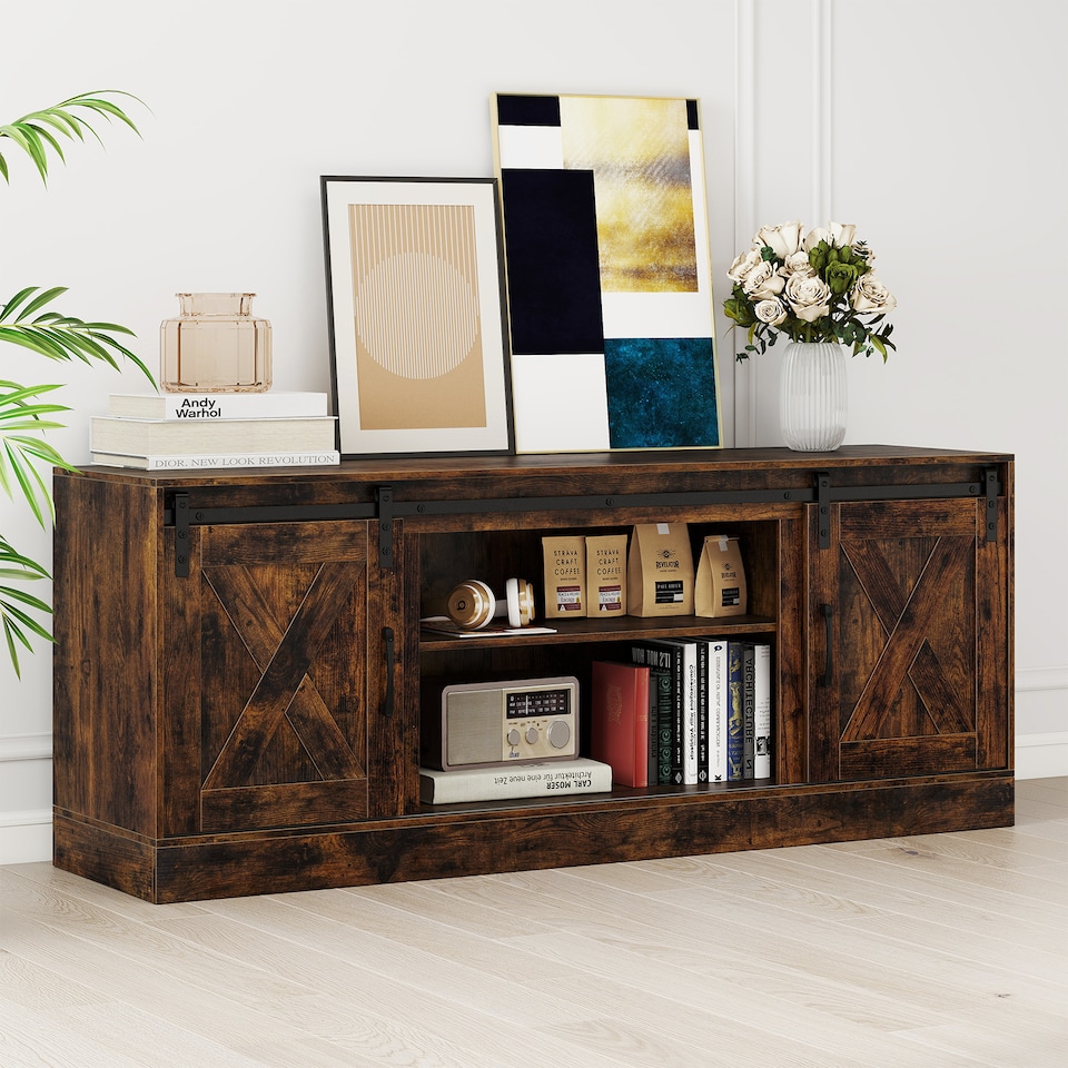 image 1 of COSTWAY Entertainment Center Farmhouse TV Stand for 70 Inch TVs Brown