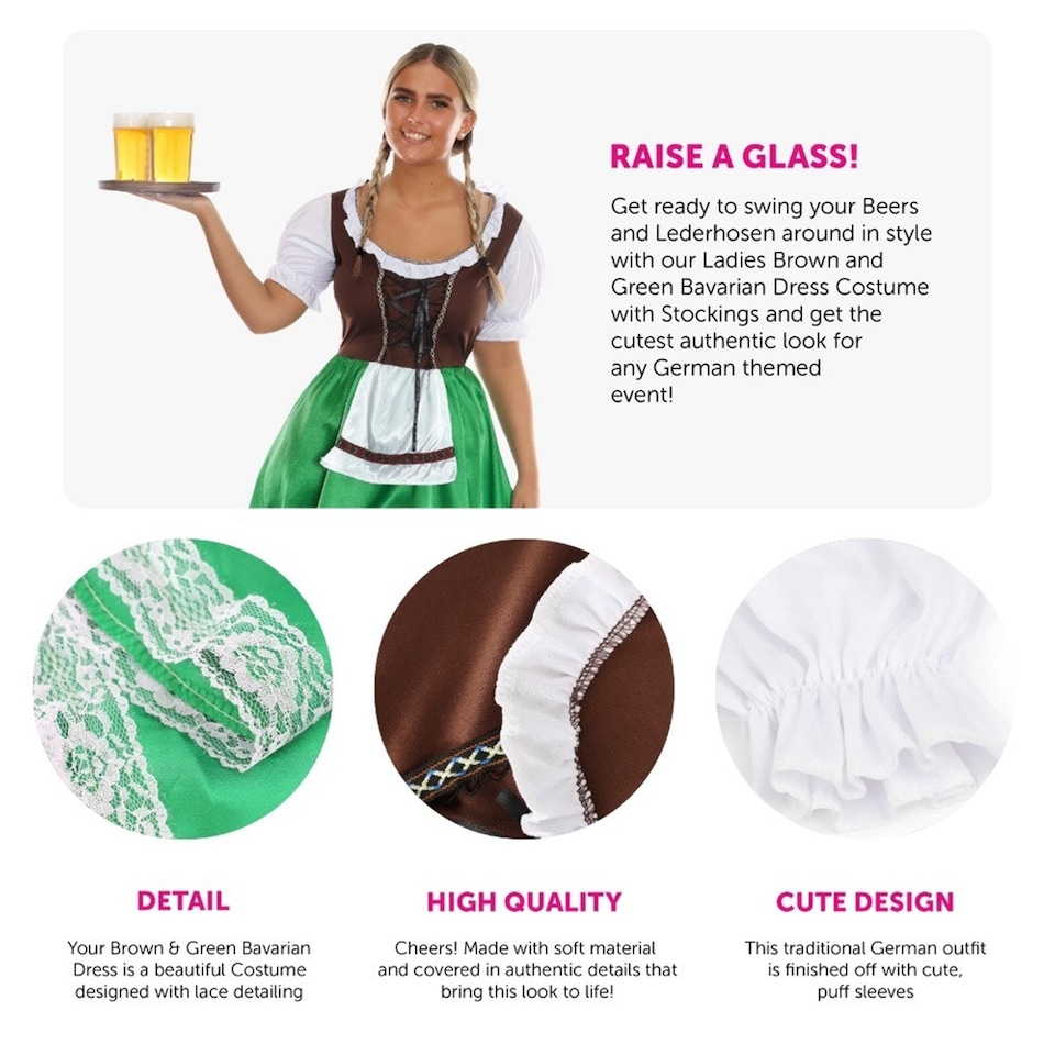 image 1 of Green & Brown Bavarian Dress with Bow Stockings | Brown | S