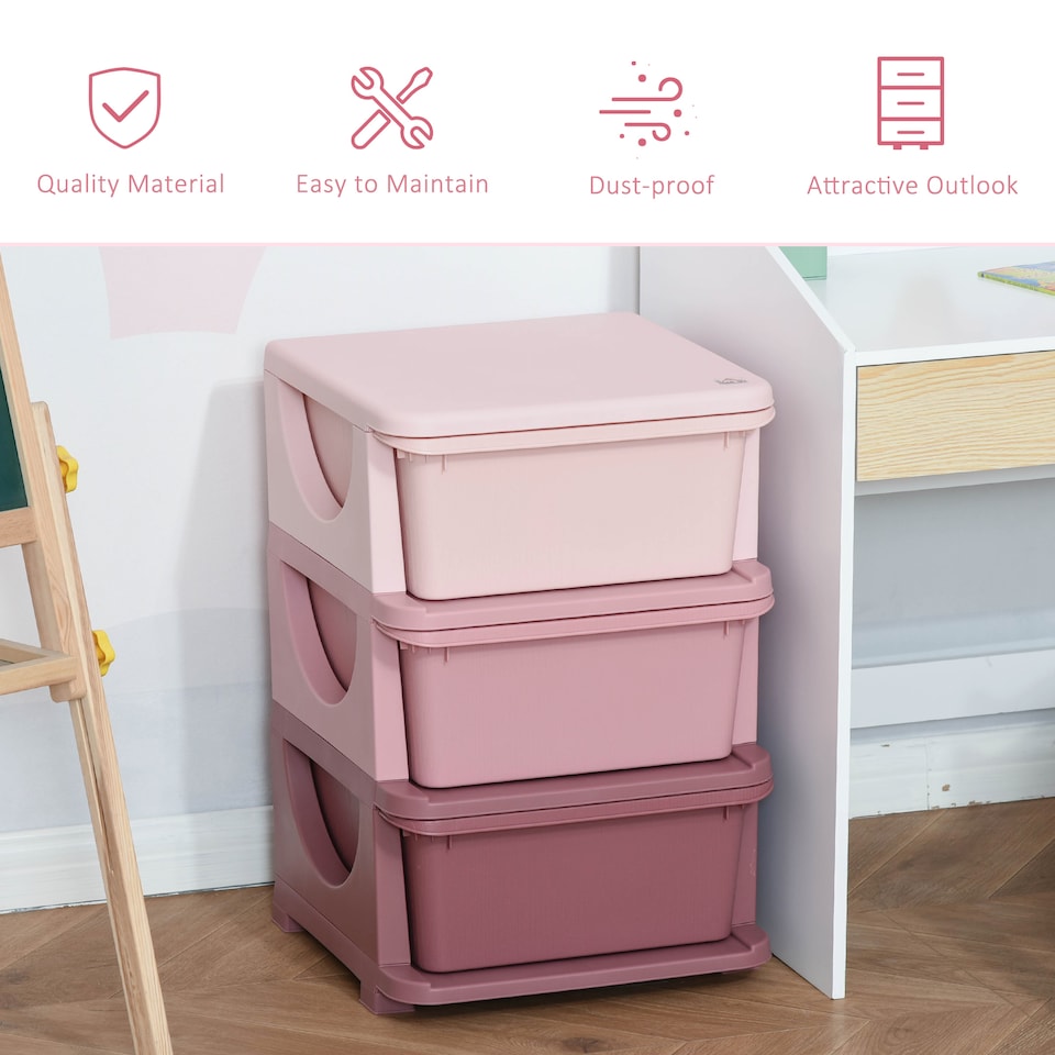 image 1 of HOMCOM Kids Storage Units with Drawers 3 Tier Chest Dresser Tower Pink