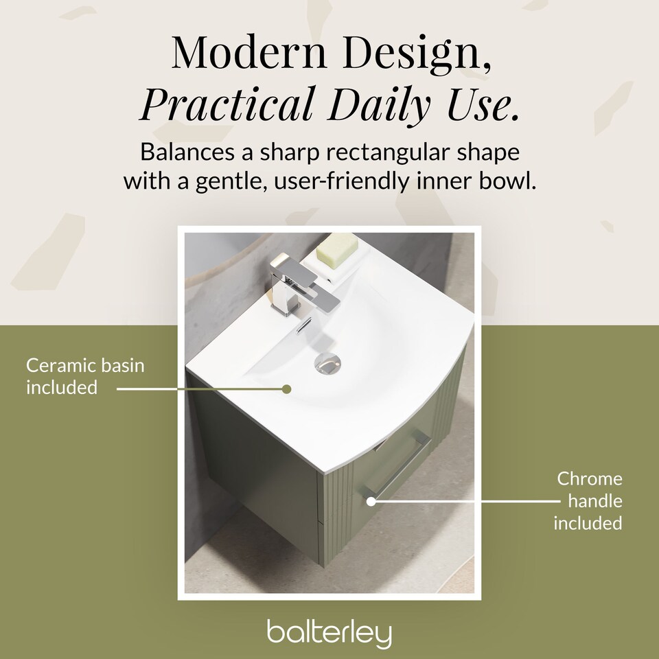 image 1 of Balterley Partial Fluted 2 Drawer Wall Hung Vanity Unit with 1 Tap Hole Curved Basin | Green | Satin Green