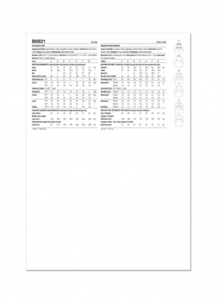 image 1 of Butterick 6921 Paper Sewing Pattern – Children’s Coat, UK Sizes Cdd (2–3–4–5), Intermediate