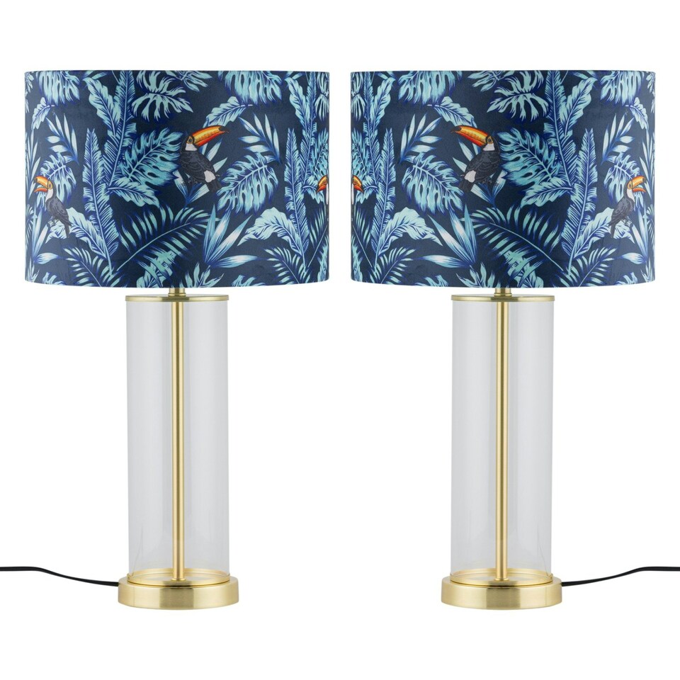 image 1 of Set of 2 Aura - Satin Brass Lamps with Toucan Velvet Shades Bronze | Multi