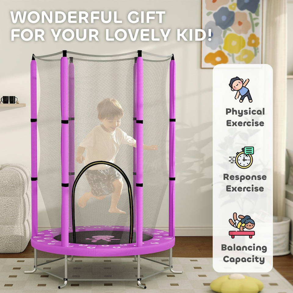 image 1 of AIYAPLAY 4.6FT Kids Trampoline with Safety Enclosure Net, Purple