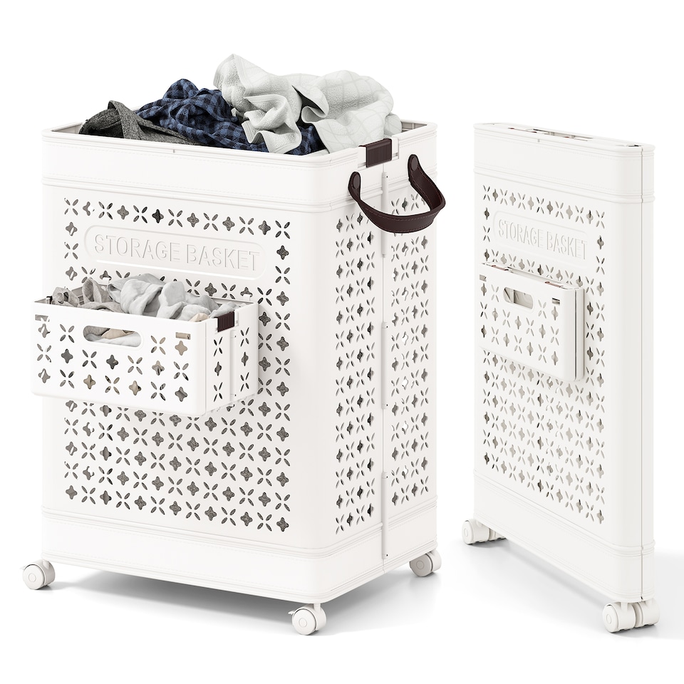 image 1 of COSTWAY Collapsible Laundry Basket 75 L Plastic Storage Bin with Handles-White