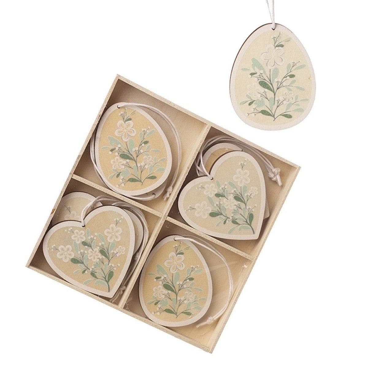 Heaven Sends Set of 8 Wooden Floral Heart & Egg Easter Decorations | Size: 8 Pack