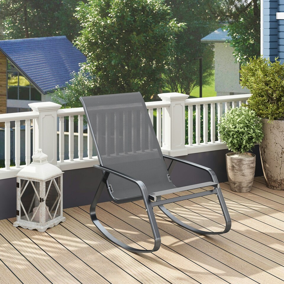 image 1 of Outsunny Garden Rocking Chairs with Armrests, High Back, Grey 