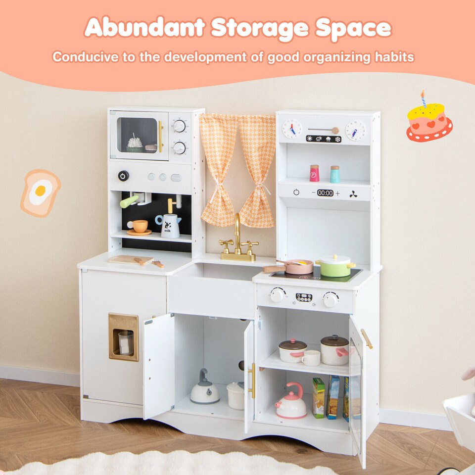 image 1 of COSTWAY Kids Kitchen Playset Toddlers Wooden Pretend Play Kitchen Cooking Toy