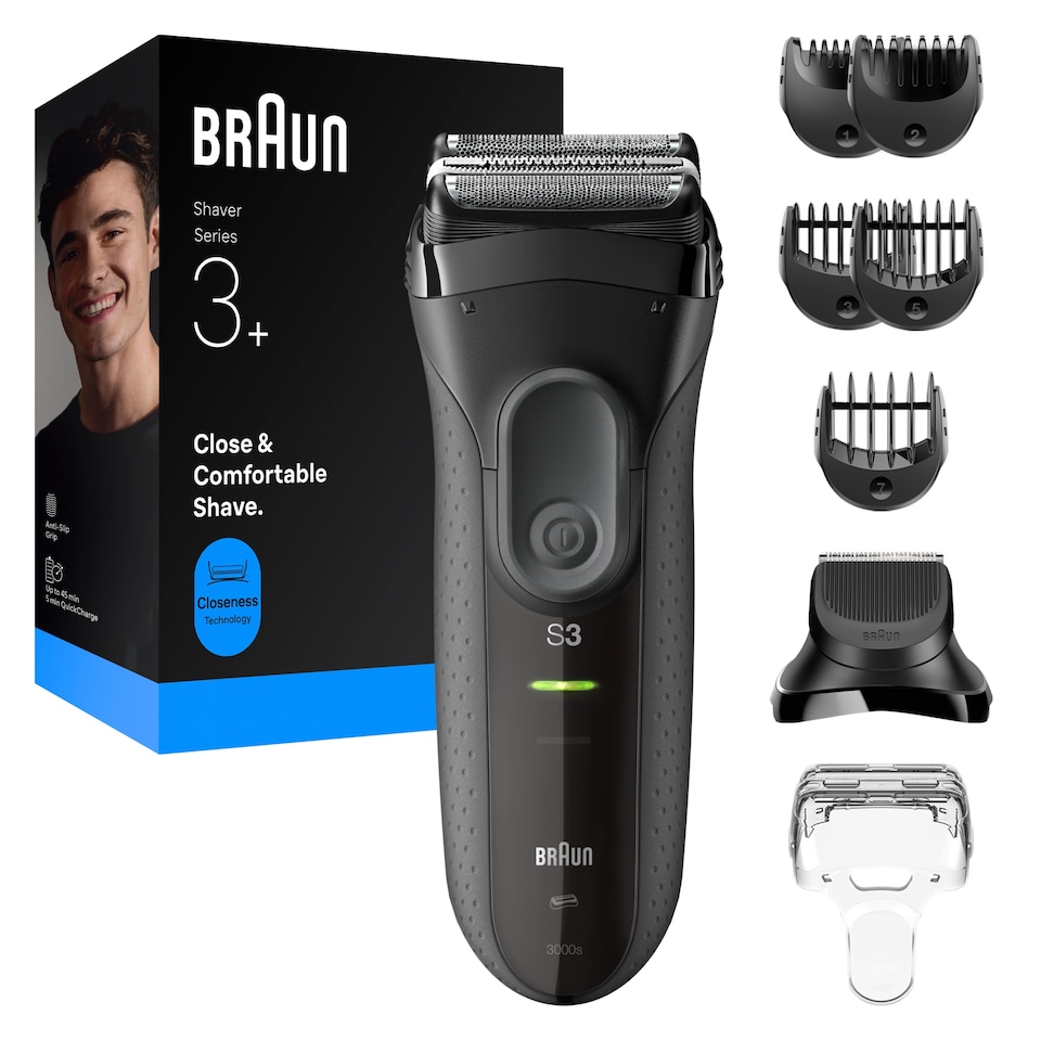 image 1 of Braun Series 3+ Electric Shaver, Beard Trimmer Attachment, Dry, 3000BT, Grey
