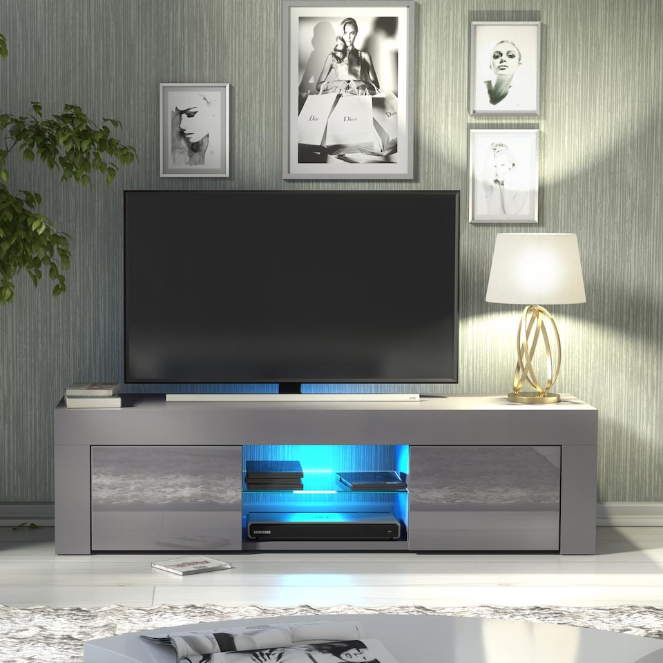 image 1 of TV Unit TV Stand Cabinet Sideboard Grey High Gloss Doors Free LED 130cm