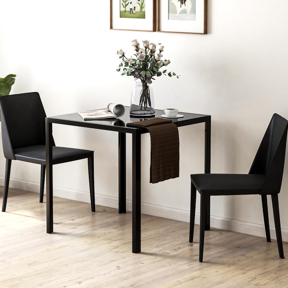 image 1 of HOMCOM Modern Square Dining Table with Tempered Glass Top Metal Legs | Black | Black | 75cm x 75cm x 75cm