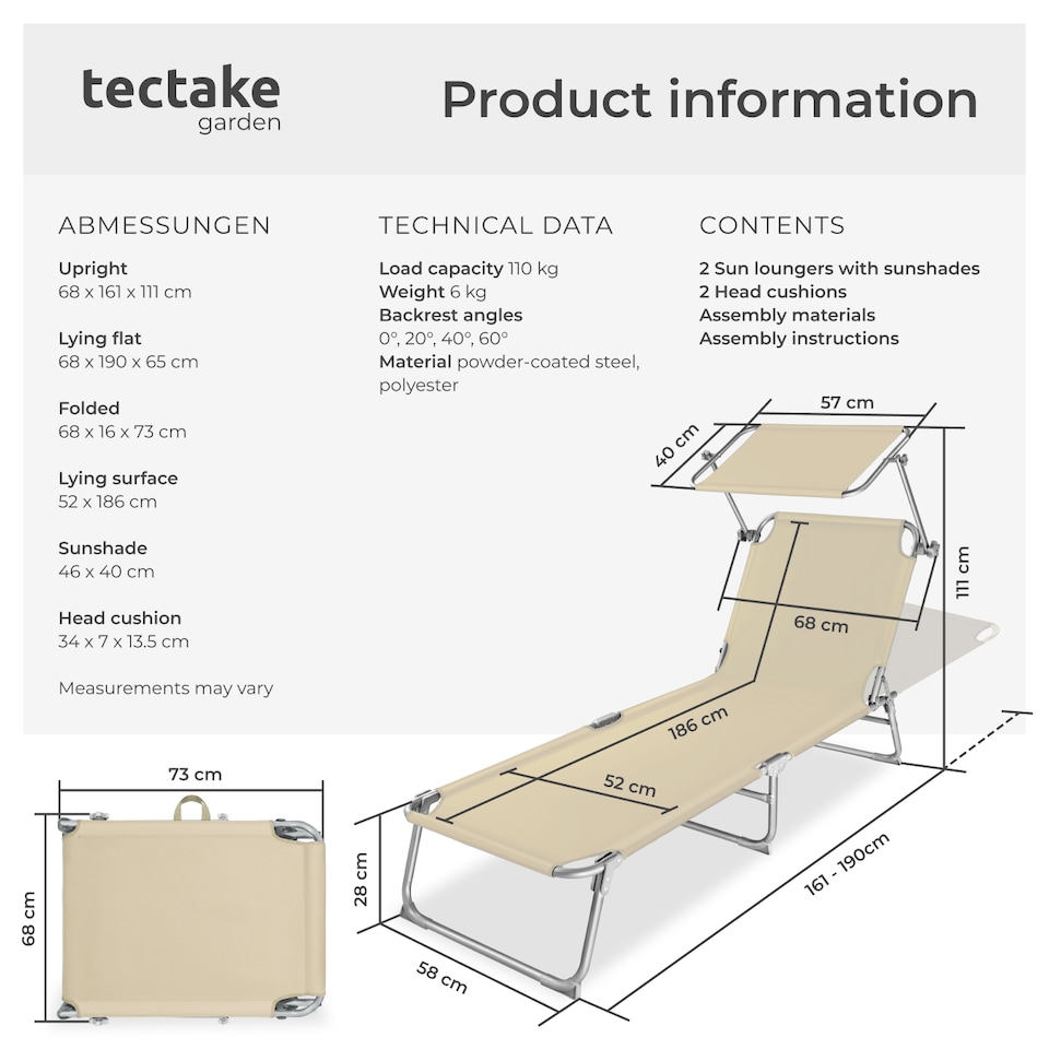 image 1 of Sun Loungers Set of 2 - foldable, sunroof, 4-step backrest, head cushion | Cream | beige | 2