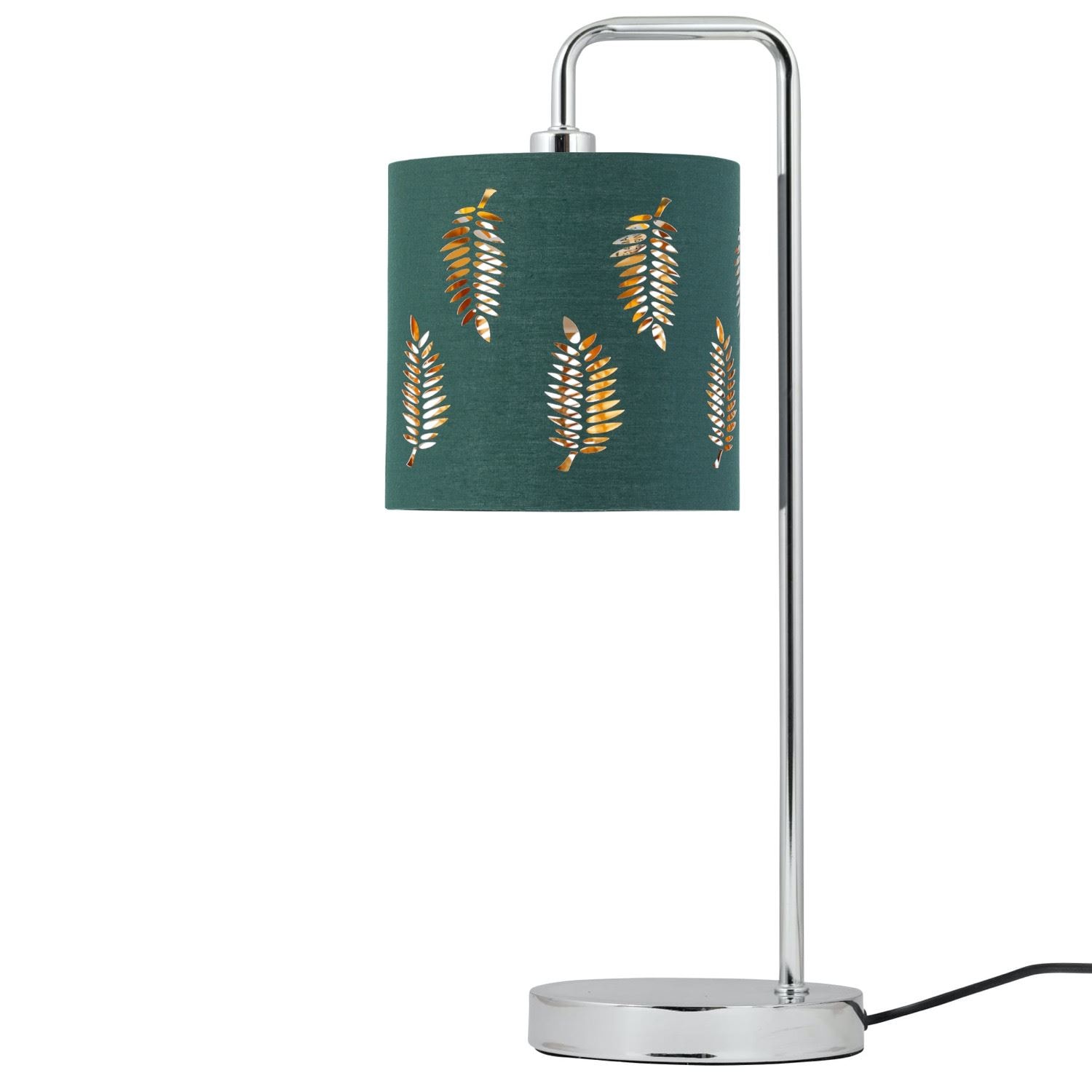 First Choice Lighting Chrome Arched Table Lamp with Dark Green Fern Cut Out Shade in Silver