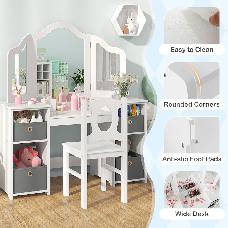 image 1 of COSTWAY Kids Vanity Desk & Chair 2 in 1 Makeup Pretend White