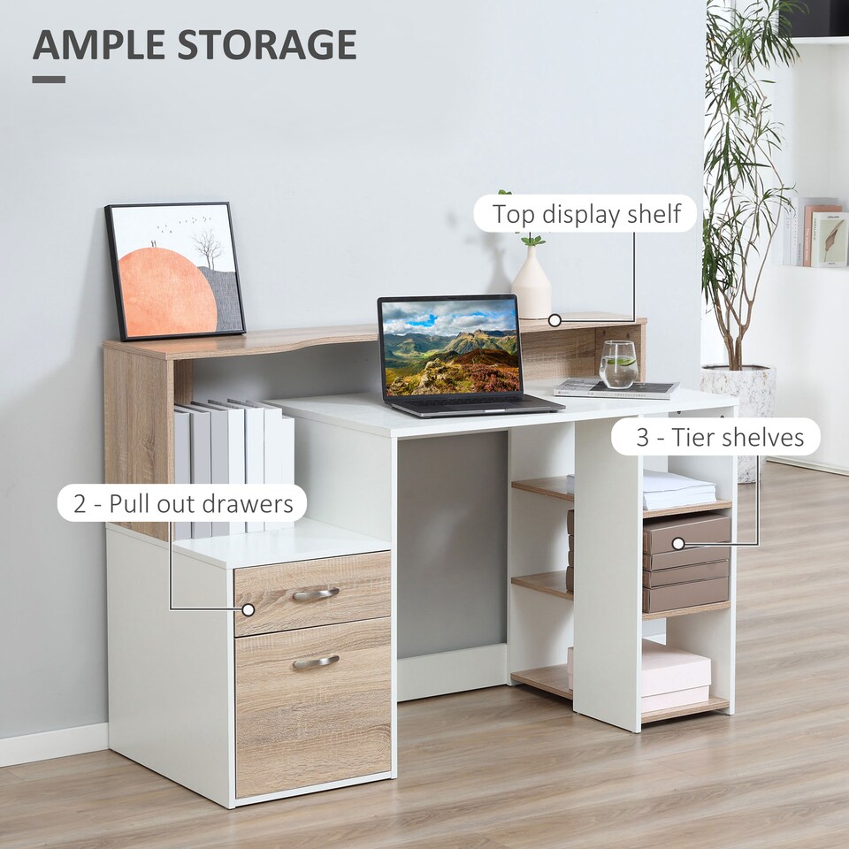 image 1 of HOMCOM Multi-Storage & Workstation Desk Table Storage Shelves Home Office Oak