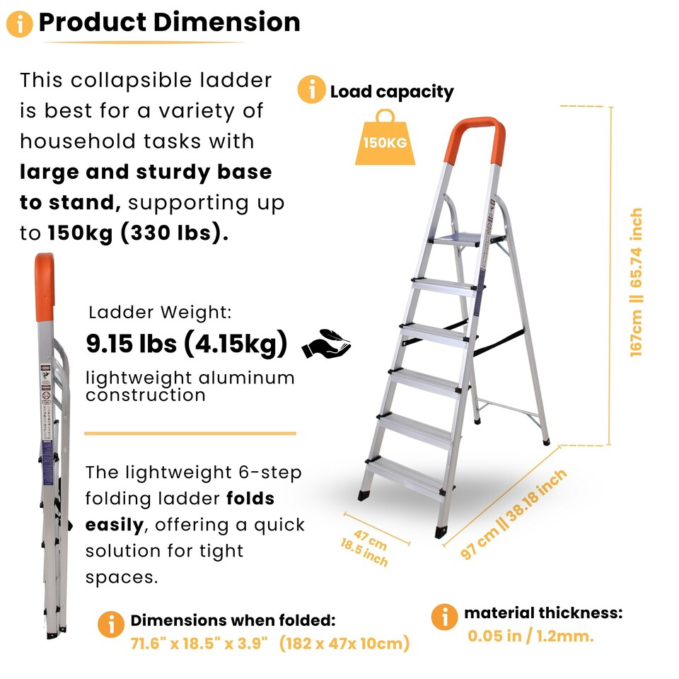 image 1 of Lightweight Step Ladders - Compact Aluminium Stepladder with Non-Slip Wide Step, Portable Silver Color - Tall Folding Ladder with Platform Silver | Orange | 6 - Step 167 cm