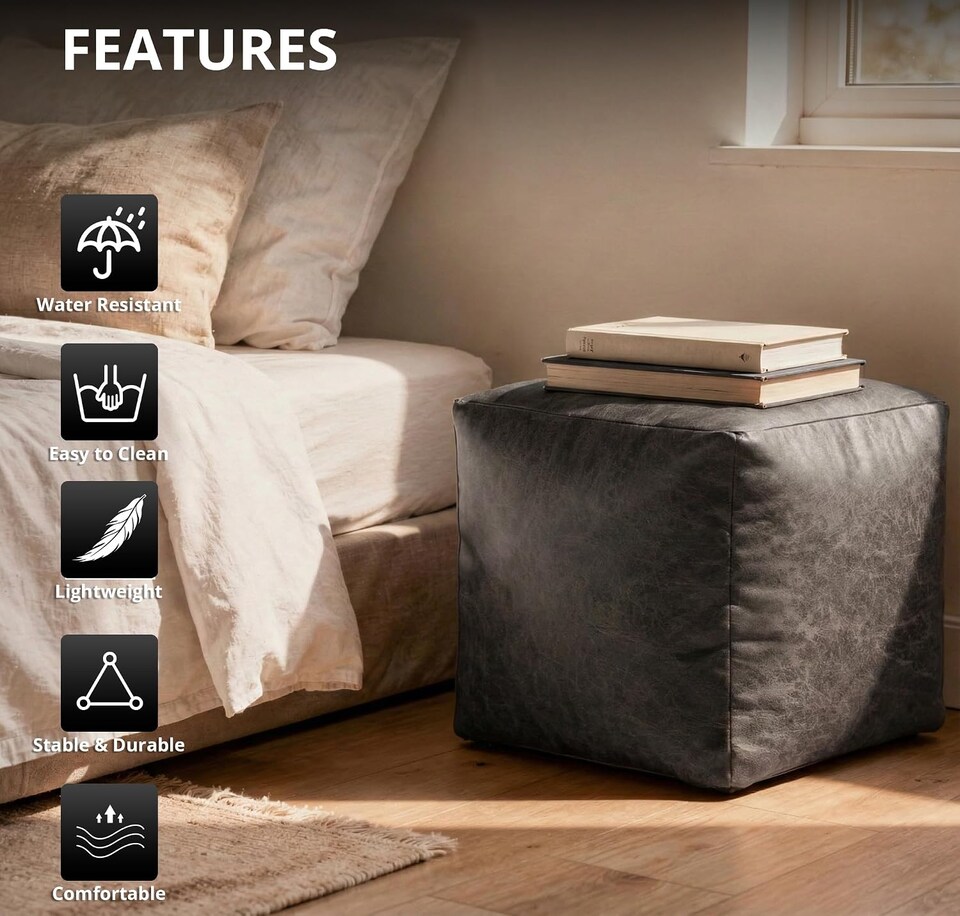 image 1 of Cube Shape PU Leather Footstool Bean Bag (Charcoal,40x40x40cm)