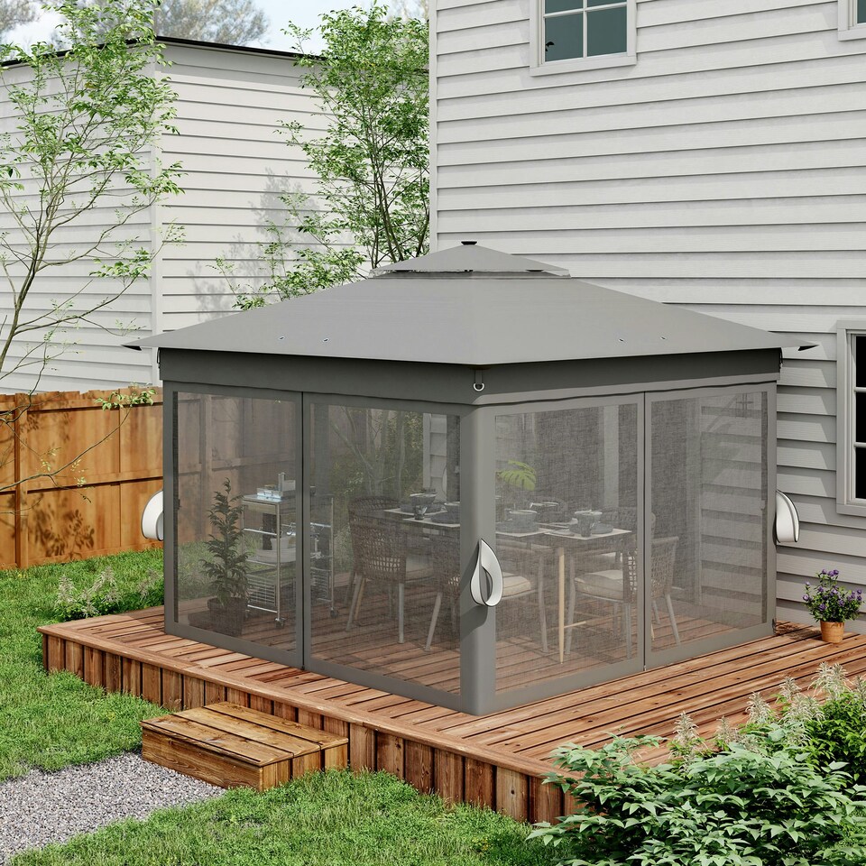 image 1 of Outsunny 3.36x3.36m Pop Up Gazebo w/ Solar-Powered LED Lights Netting Grey