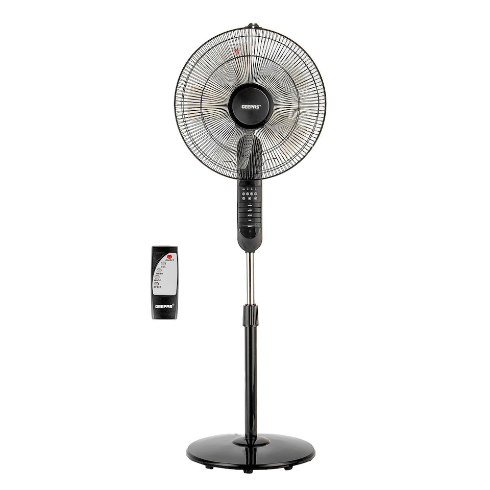 image 1 of GEEPAS 16’’ Pedestal Fan with Remote Control – 60W Free-Standing, Oscillating (Black)