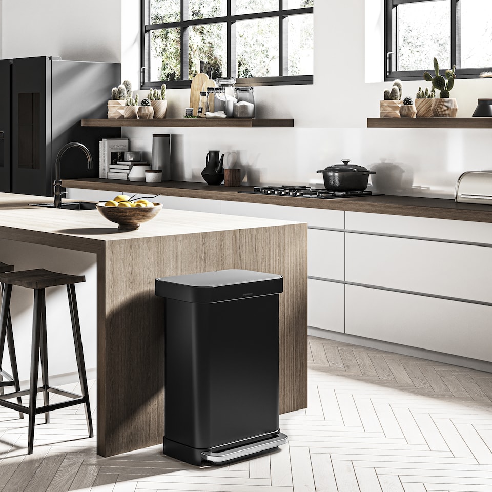 image 1 of Simplehuman 45L Rectangular Kitchen Pedal Bin with Liner Pocket, Matte Black Steel