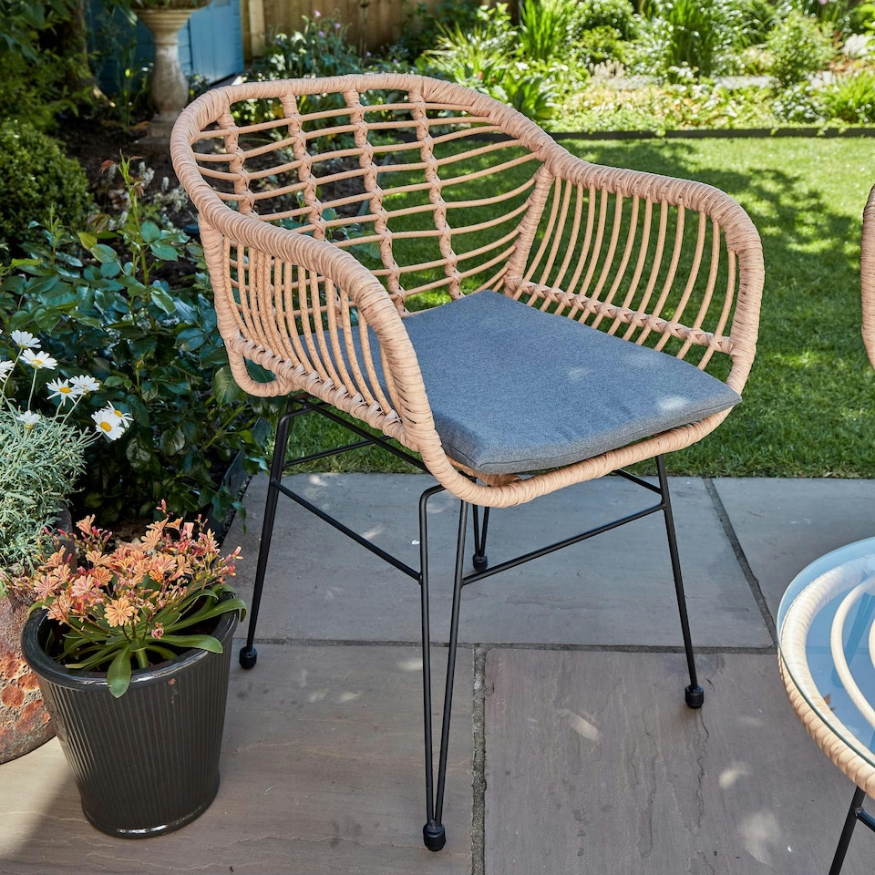 image 1 of Bistro Set Natural Wicker Frame Black Steel Leg Glass Tabletop Outdoor Furniture Brown