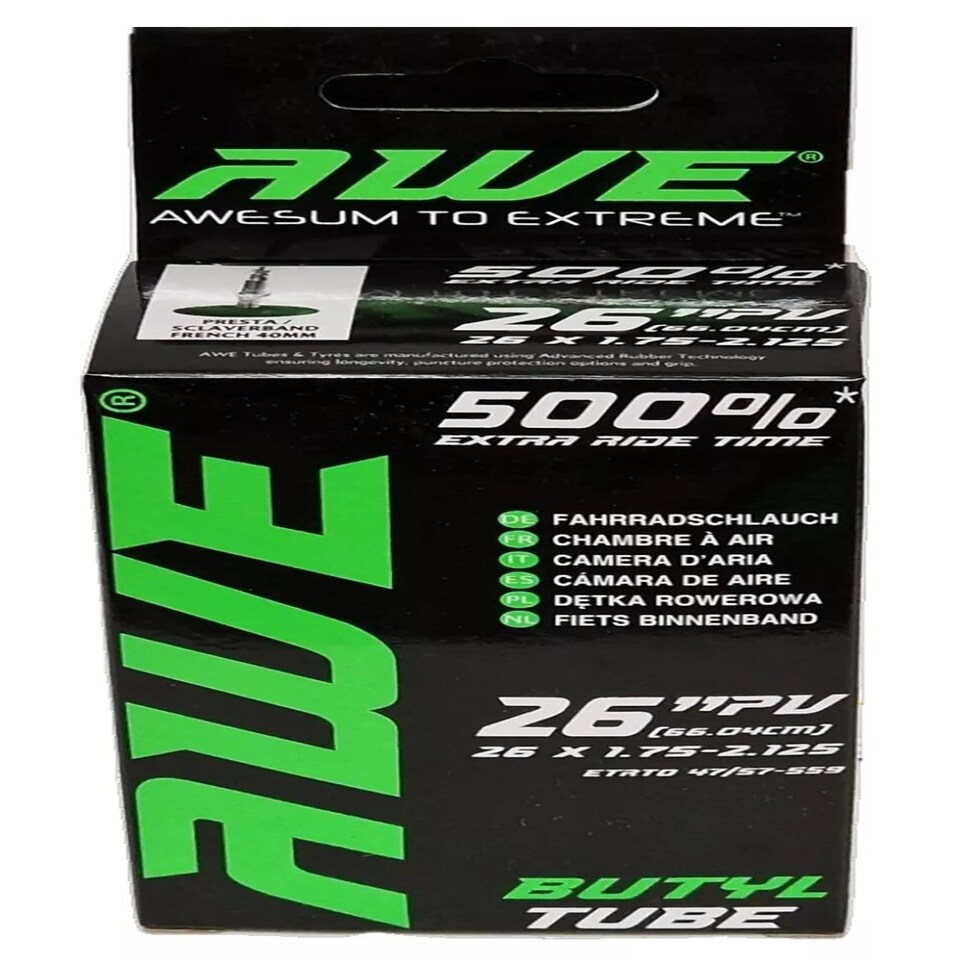 image 1 of AWE Butyl Rubber 26" MTB/Bike Inner Tube 26 x 1.75-2.125 Presta Valve