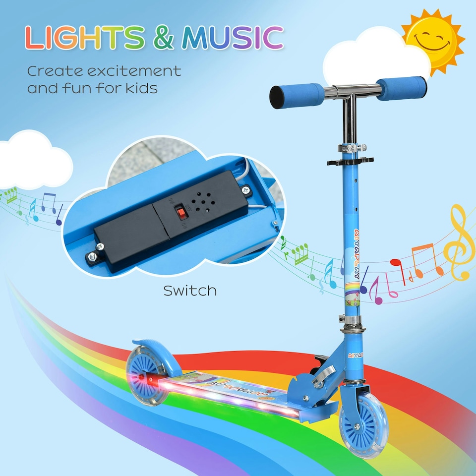 image 1 of HOMCOM Kids Scooter 2 Wheels W/ Lights Music Adjustable Height Foldable - Blue