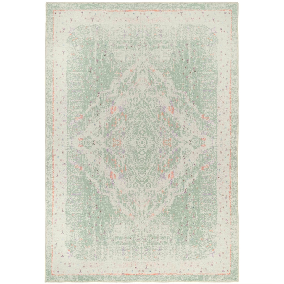 image 1 of KUKOON Pastel Green Distressed Persian Medallion Non Slip Washable Low Pile Rug 60cm x 110cm Green