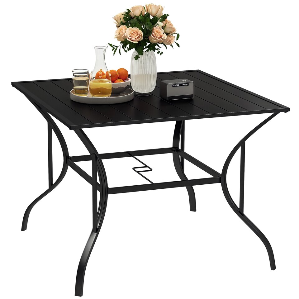 image 1 of Outsunny 94 x 94 cm Garden Dining Table with Parasol Hole, Square Patio Table with Slatted Metal Plate Top, Black