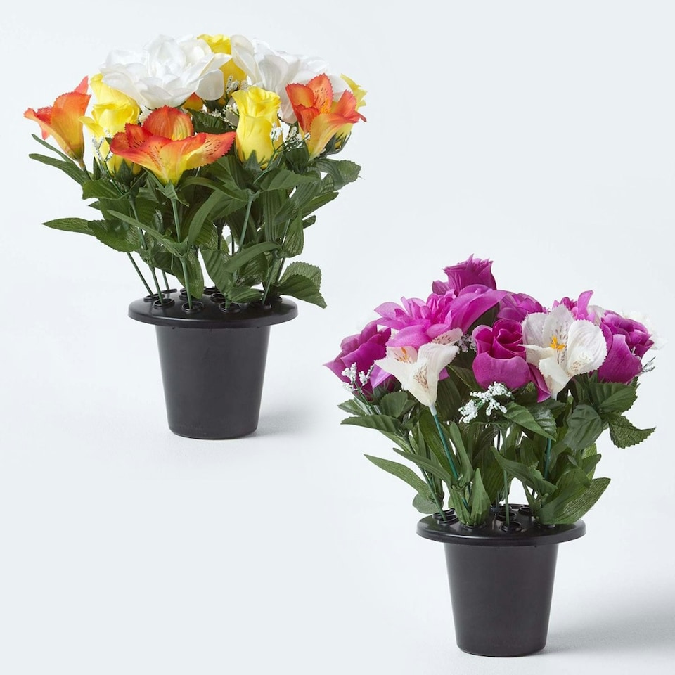 image 1 of Homescapes Set of 2 Purple, Orange & White Roses & Peonies Artificial Flowers in Grave Vases