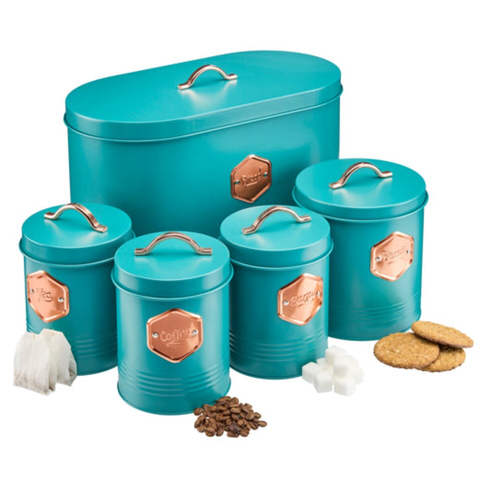 image 1 of Cooks Professional 5 Piece Kitchen Storage Set – Tea, Coffee, Sugar, Bread & Biscuit Tins | Blue | Teal & Copper