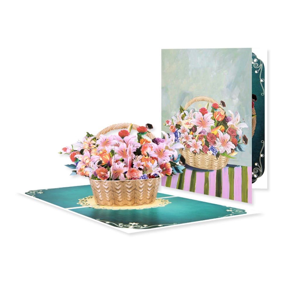 image 1 of Watercolor Lily Flower Basket Blooming Wishes 3D Pop Up Greeting Card