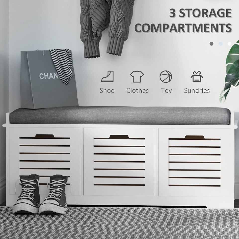 image 1 of HOMCOM 3-Door Shoe Storage Bench Cushion Seat Slatted Doors, White