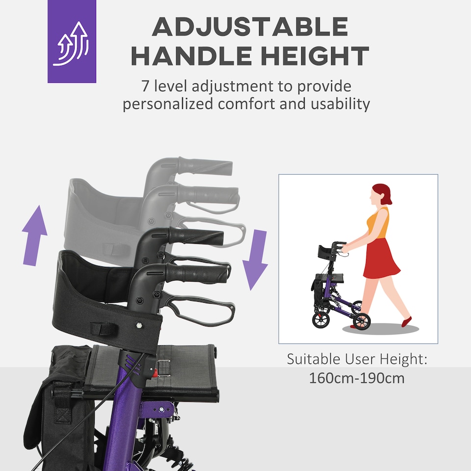 image 1 of HOMCOM Folding Rollator Walker with Seat, Backrest, Lightweight Walking Frame with Storage Bag, Dual Brakes, Adjustable Handle Height, Suspension System, 4 Wheeled Walker for Seniors, Purple