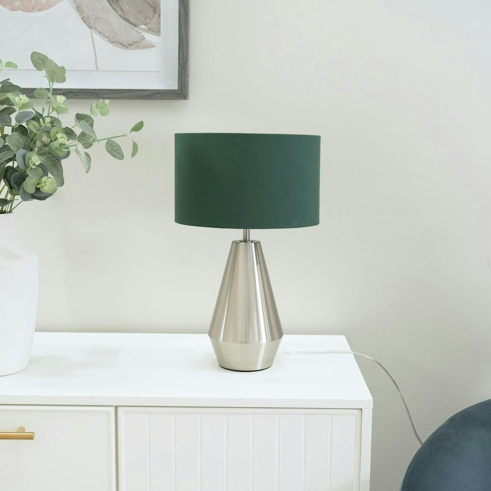 image 1 of ValueLights Jax Silver Metal Touch Dimmer Table Lamp with Forest Green Drum Shade