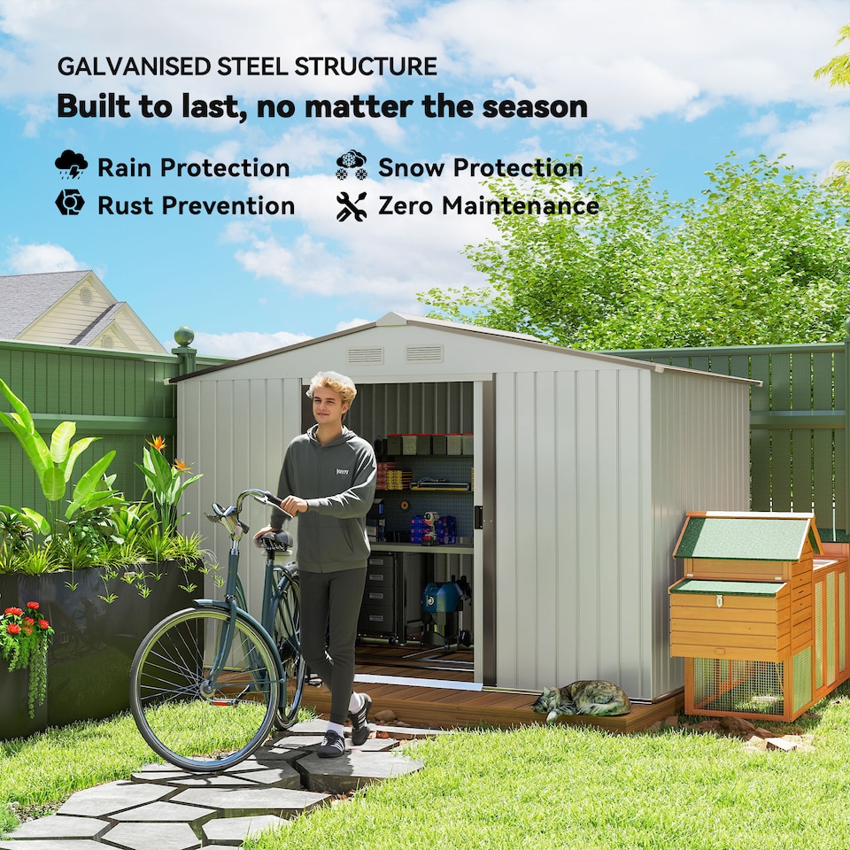 image 1 of Outsunny 9 x 6ft Metal Garden Shed, Outdoor Storage Tool House with Ventilation Slots, Foundation Kit and Lockable Double Doors, Silver