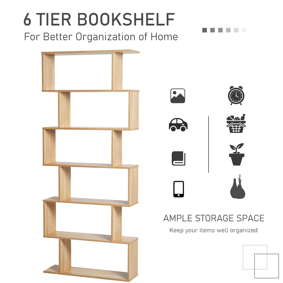 image 1 of HOMCOM 6-Tier Wooden Modern S-Shaped Shelf Storage Unit Home Office Oak Colour