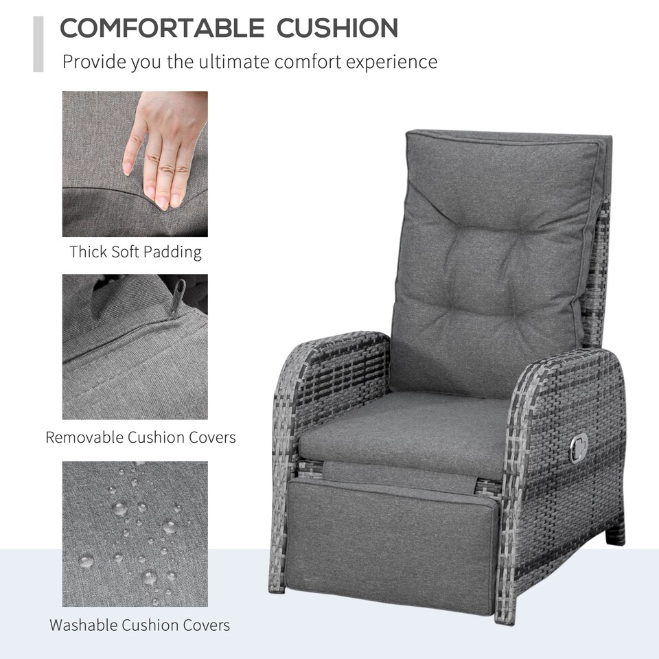 image 1 of Outsunny 3 Pieces Rattan Bistro Set, Wicker Balcony Furniture Set with Reclining Sun Loungers, 2-Tier Coffee Table and Cushions, 2 Seater Garden Furniture for Outdoor Patio Balcony, Mixed Grey