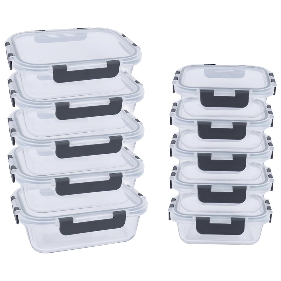image 1 of Alivio Pack of 10 Food Storage Containers, Meal Prep Containers with Leakproof Lid, Airtight Lunch Box, Microwave, Oven, Freezer & Dishwasher Glass Storage Box (Transparent, Set of 10pc)