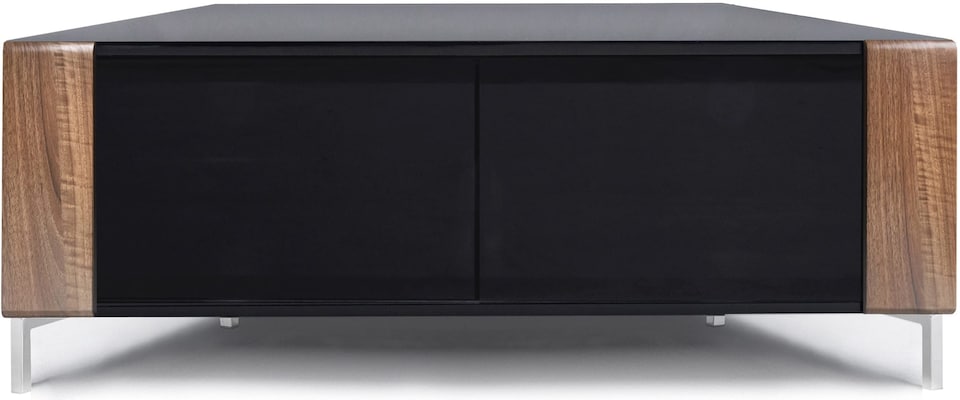 image 1 of MDA Designs CORVUS Corner-Friendly Gloss Black Contemporary Cabinet with Walnut Profiles Black BeamThru Glass Doors Suitable for Flat Screen TVs up to 50" | Multi | 1