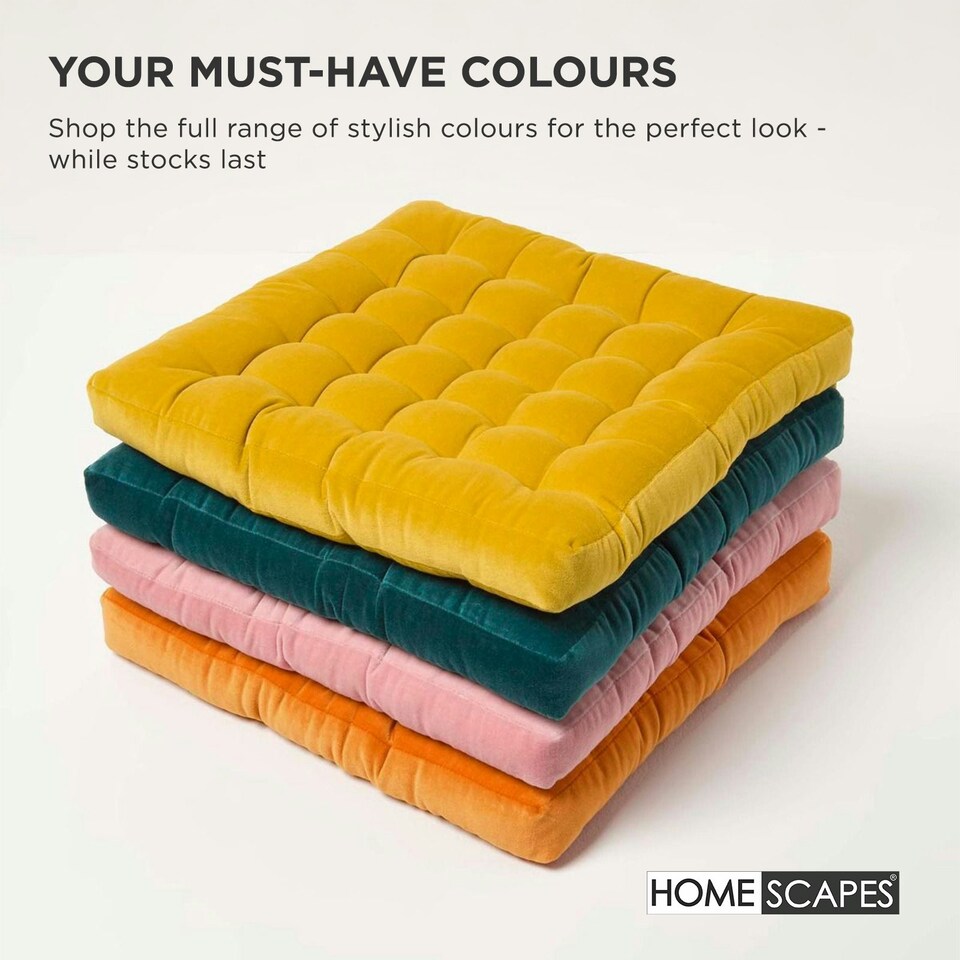 image 1 of Homescapes Set of 4 Seat Pads Luxury 100% Cotton Velvet Indoor Outdoor Garden Dining Cushion Yellow | 40 x 40 cm