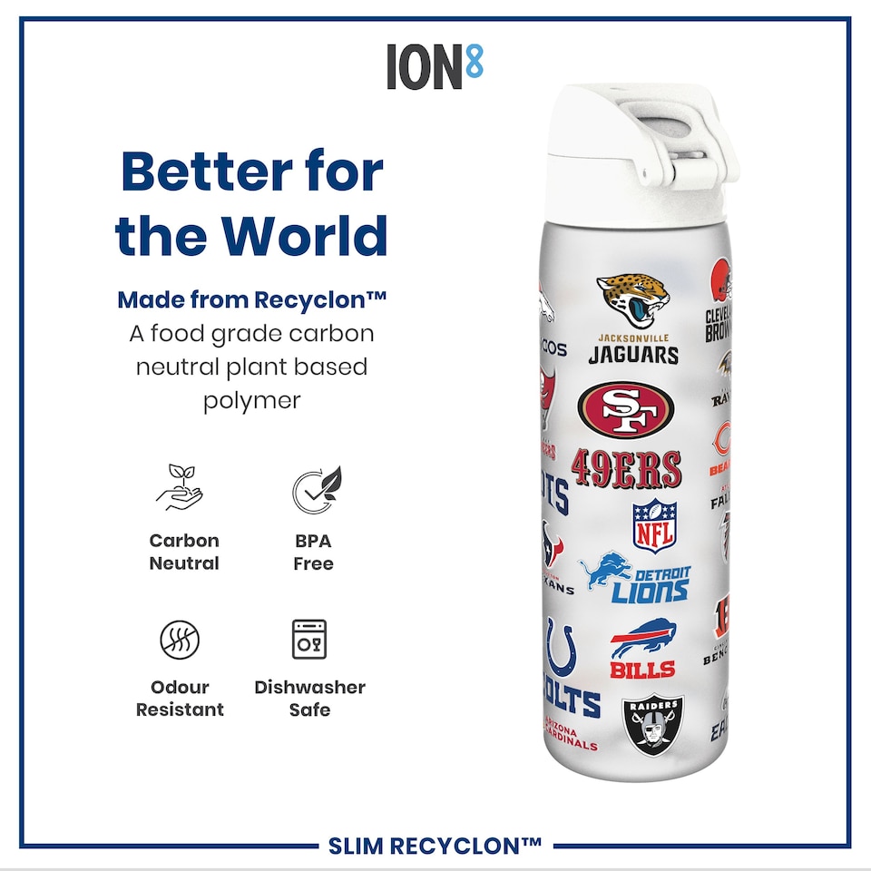 image 1 of Leak Proof Slim Water Bottle, BPA Free, NFL, 500ml (18oz) | White | NFL Multi Teams | One Size