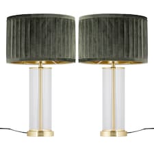 Set of 2 Aura - Satin Brass Lamps with Green Pleated Velvet Shades | Gold | Satin brass plate with clear glass detail and green pleated velvet | 2