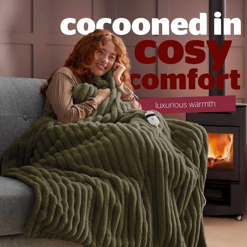 image 1 of Silentnight Luxury Faux Fur Ribbed Heated Throw, Olive | Green | Olive | One Size | 1