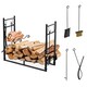 image 1 of Outsunny Metal Firewood Log Holder Indoor Outdoor Firewood Rack Fireplace 2 Tier Wood Storage Shelf with 4 Tools, Hooks, Scrolls, Black, 84W x 33D x 76H cm