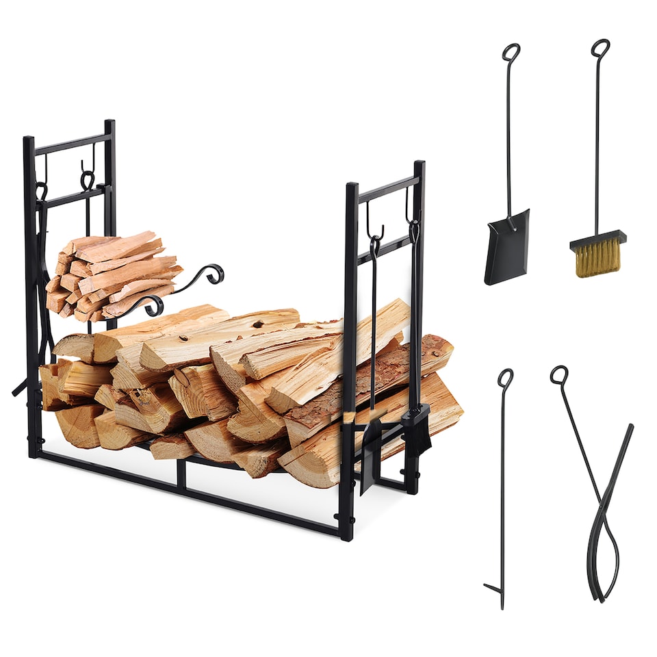 image 1 of Outsunny Metal Firewood Log Holder Indoor Outdoor Firewood Rack Fireplace 2 Tier Wood Storage Shelf with 4 Tools, Hooks, Scrolls, Black, 84W x 33D x 76H cm