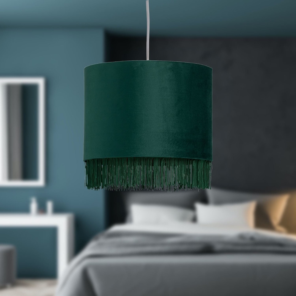 image 1 of Tassel - Dark Green Velvet with Gold Inner Easy Fit 25cm Pendant Shade | Green | Gold | Medium | 1